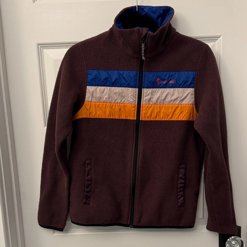 Cotopaxi Multicolor Ski Jacket with Blue, Orange, and Gray Stripes - Picture 1 of 6
